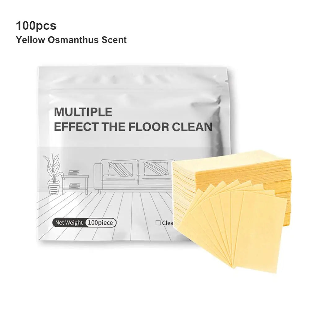 A package of 100 pieces of yellow Osmanthus scent floor cleaning tablets and several yellow cleaning sheets.