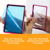 A pink display case for a trading card showing how to peel off blue protective film from the outside and clear protective fil