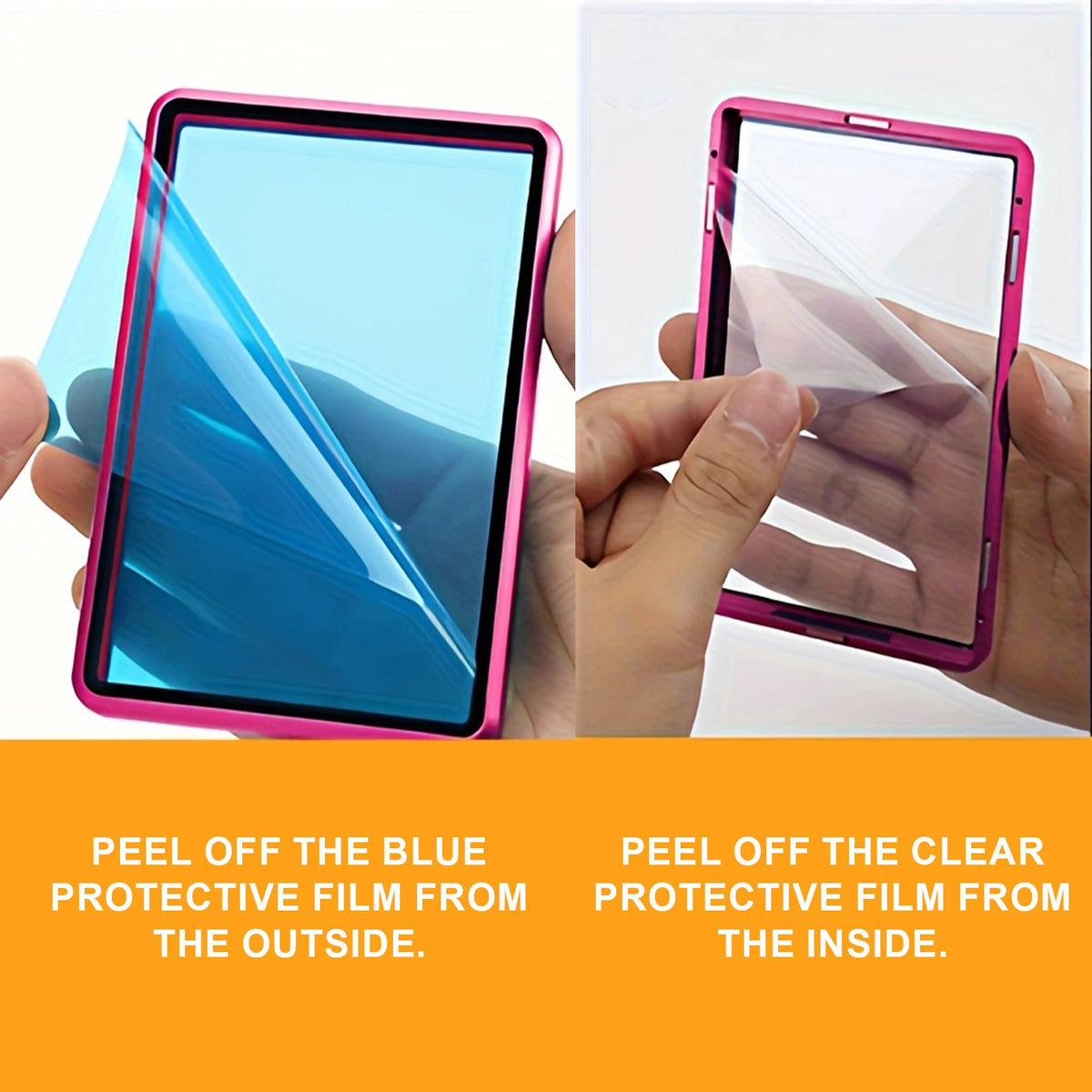 A pink display case for a trading card showing how to peel off blue protective film from the outside and clear protective fil