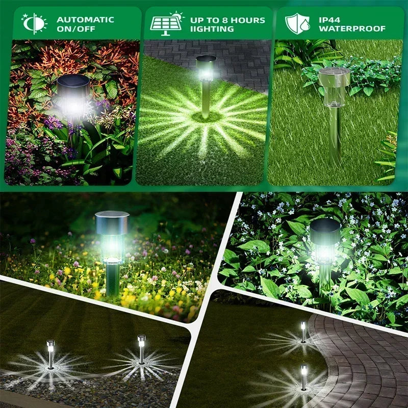 A set of ten solar-powered garden path lights demonstrating automatic on/off functionality and waterproof features.