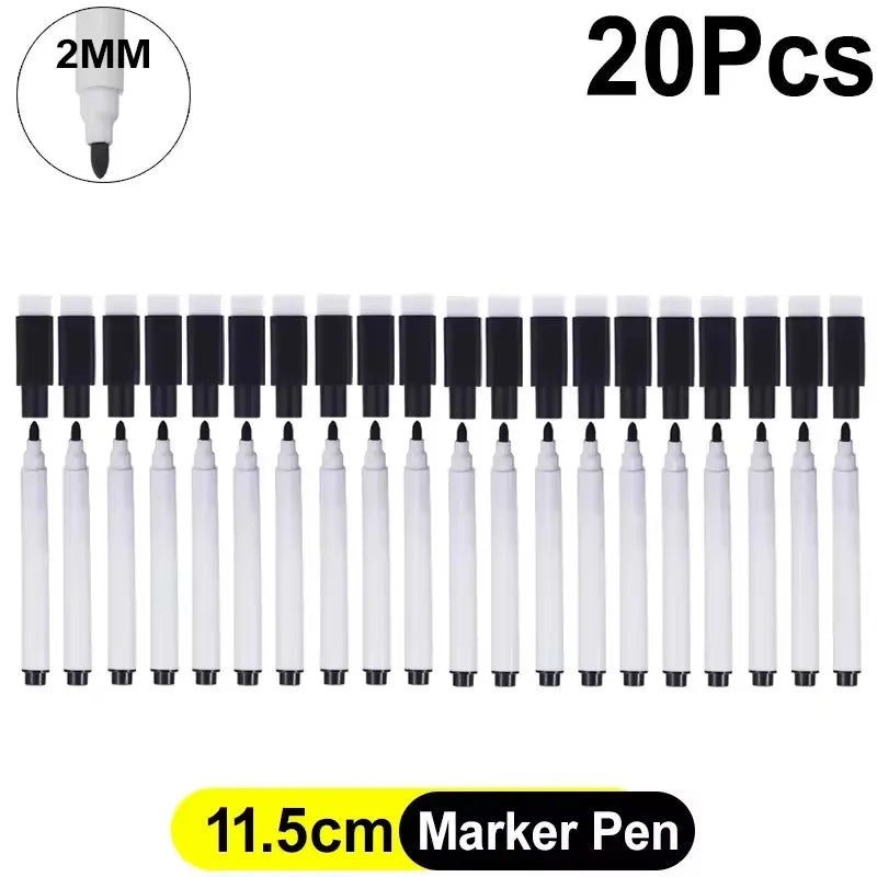 A set of 20 black magnetic dry erase markers with a 2mm tip and built-in eraser.