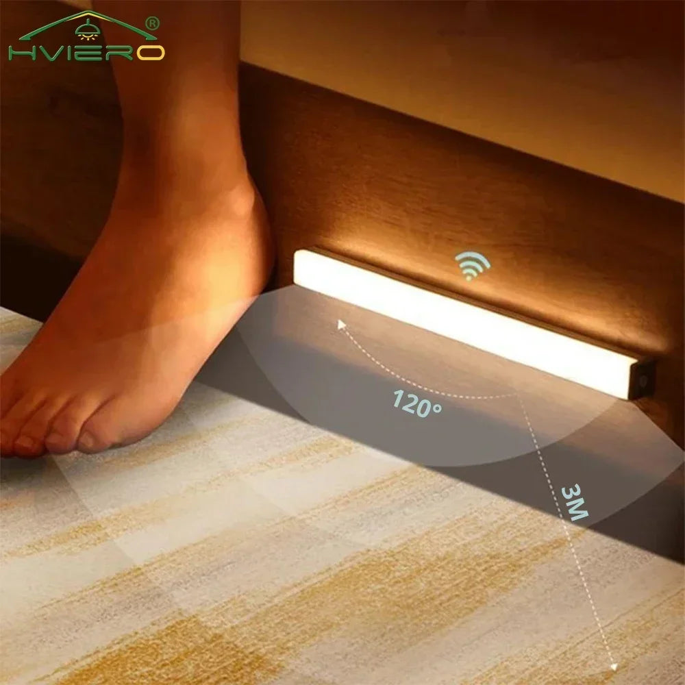 A white LED night light is mounted on a wooden surface, illuminating a textured fabric with a 120-degree beam and 3m range.