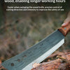 A close-up of a forged wood splitting axe blade resting on a piece of wood.