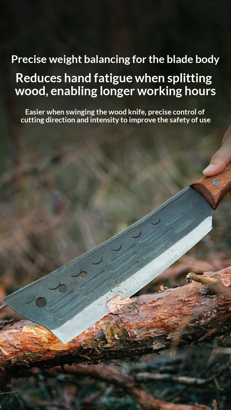 A close-up of a forged wood splitting axe blade resting on a piece of wood.