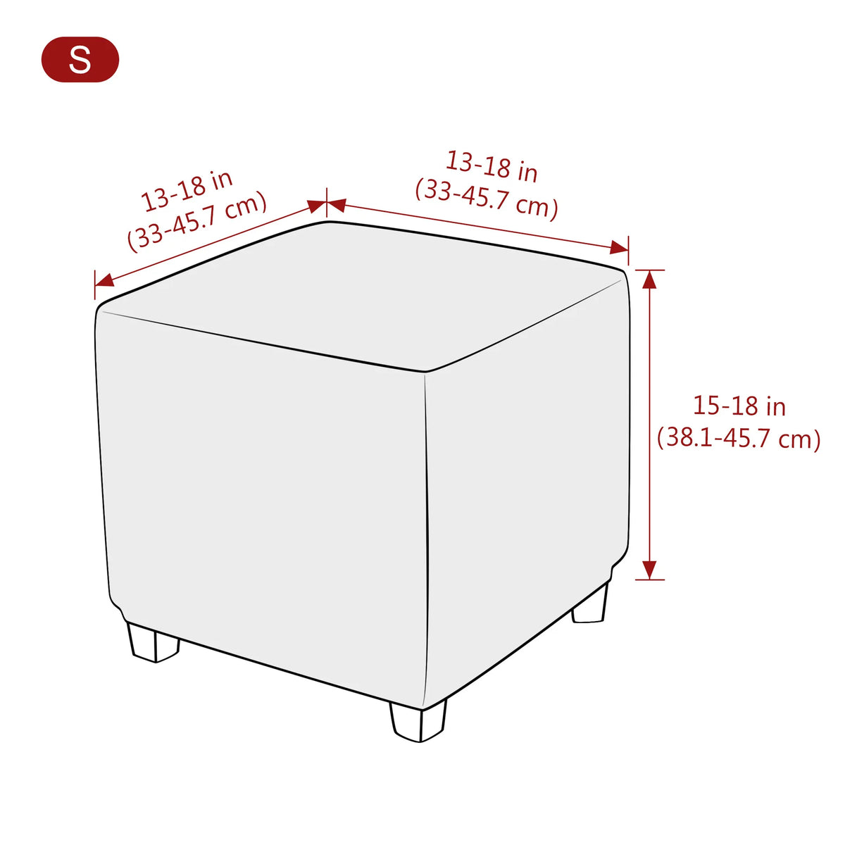 A rectangular ottoman slipcover shown with dimensions of 13-18 inches in length and width.