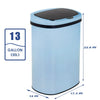 A light blue automatic touchless trash can with a black lid and measurements displayed.