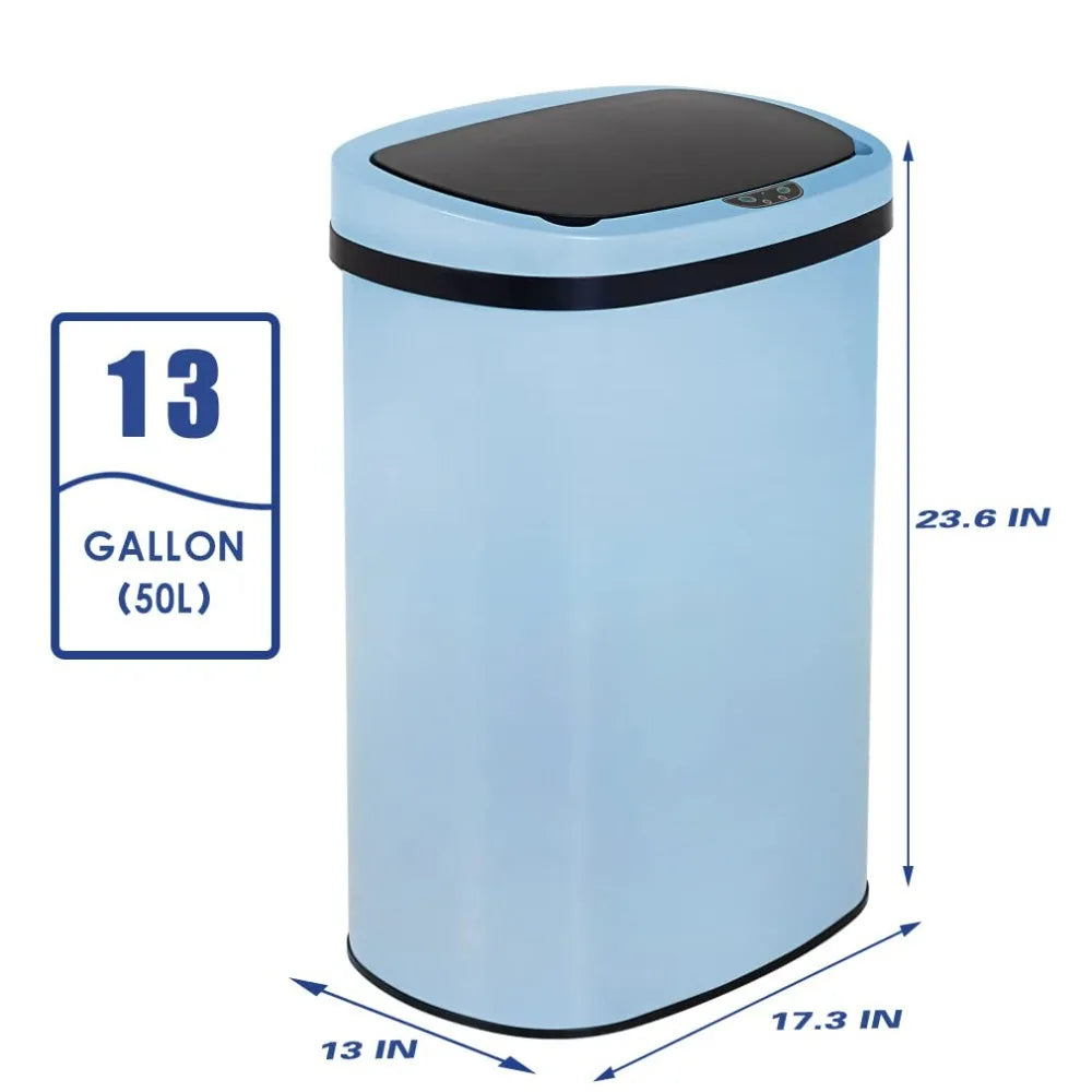 A light blue automatic touchless trash can with a black lid and measurements displayed.