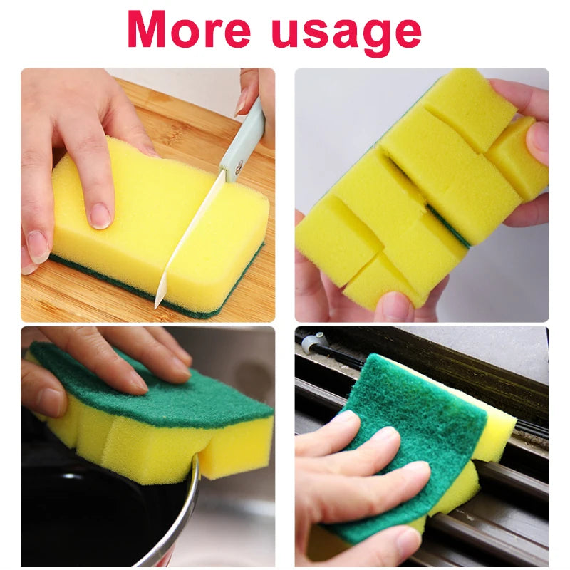 Yellow and green double-sided kitchen scouring pads being used for cleaning.