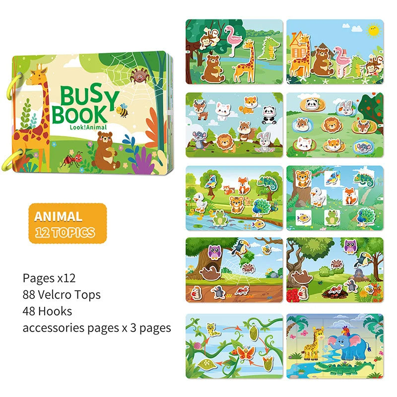 Montessori Busy Book for Toddlers – Reusable Sticker & Velcro Learning Activities
