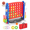 A red and blue outdoor game set featuring a basketball hoop, ring toss targets, and various colored rings and balls.