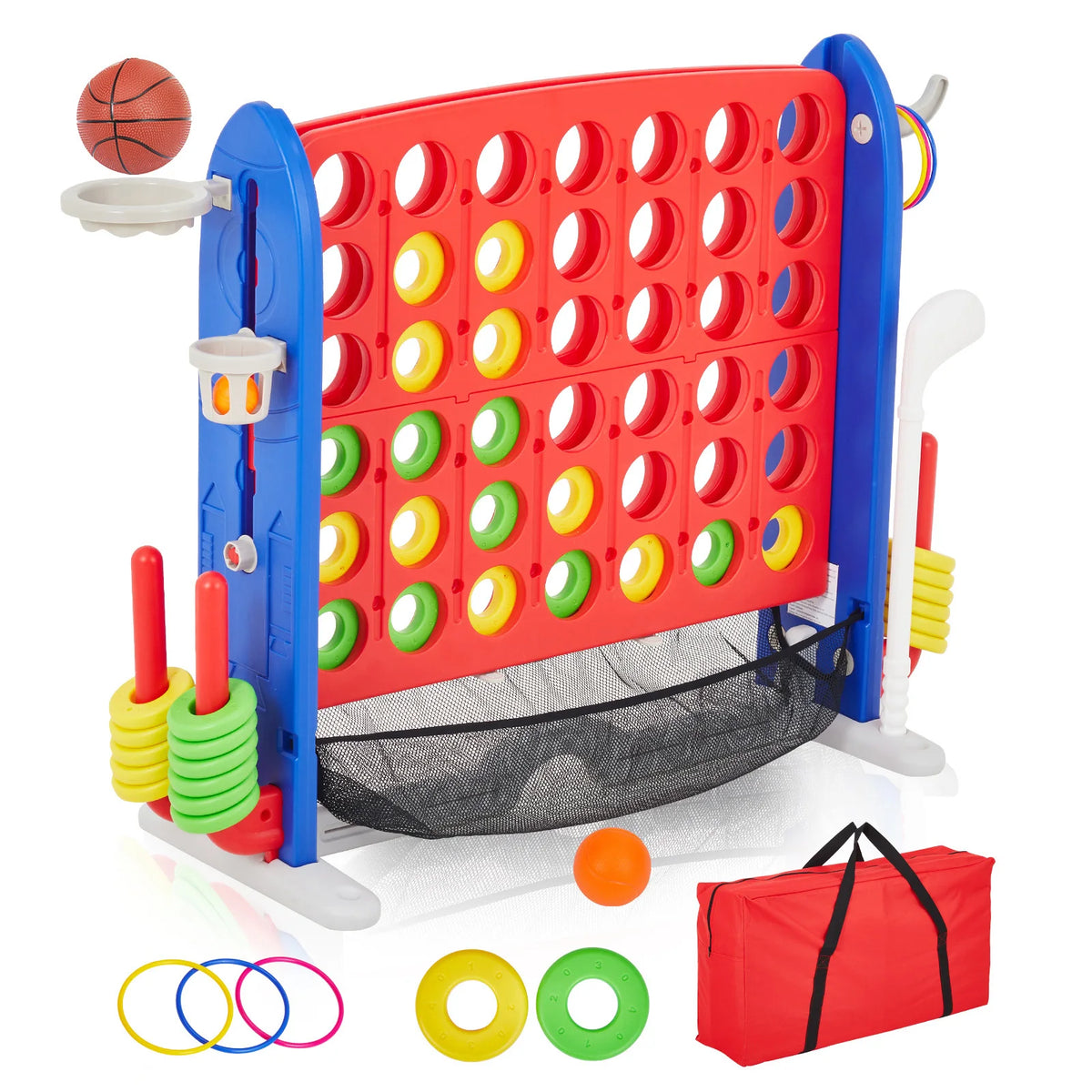 A red and blue outdoor game set featuring a basketball hoop, ring toss targets, and various colored rings and balls.