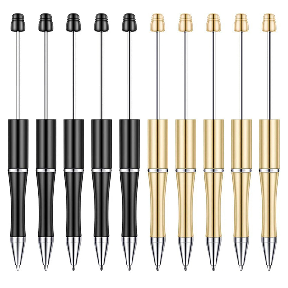 A set of black and gold customizable beadable ballpoint pens shown vertically.