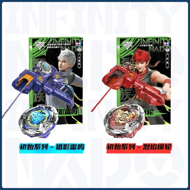 Auldey Infinity Nado Spin Force Battle Top with Launcher featuring two characters and their respective weapons.