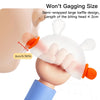 A hand is holding a clear silicone bunny-shaped baby teether with an orange handle, demonstrating its size.