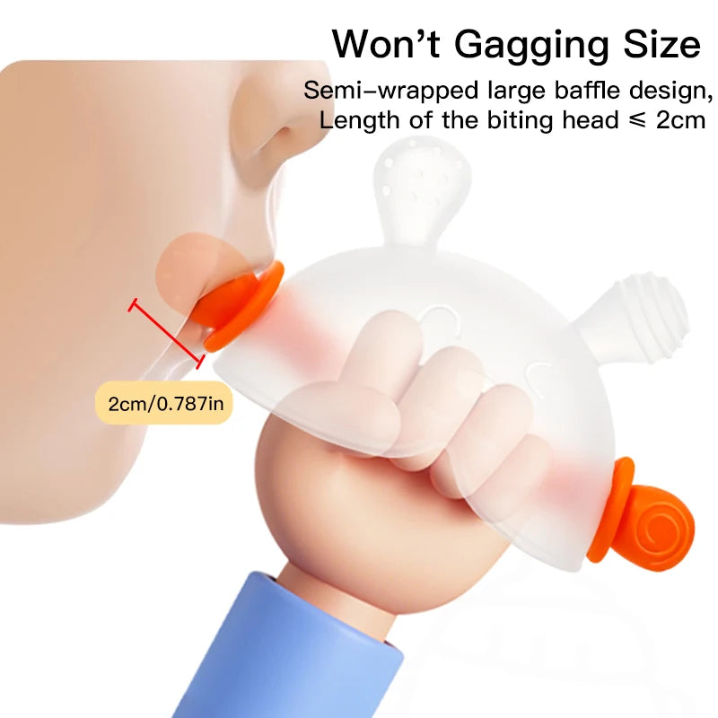 A hand is holding a clear silicone bunny-shaped baby teether with an orange handle, demonstrating its size.