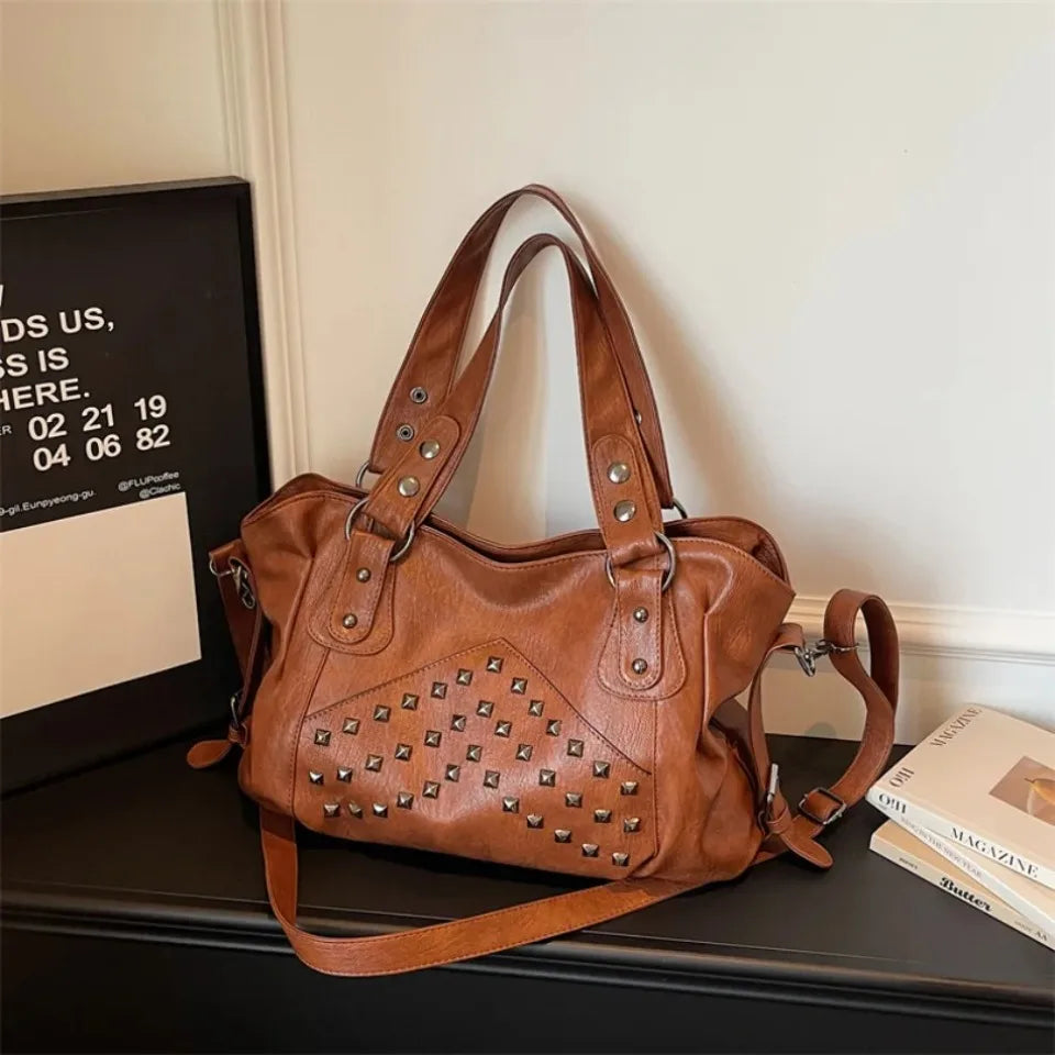 Rivet Punk Large Capacity Tote Bag with Adjustable Crossbody Strap