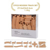 A box containing a 37-piece wooden track set for trains, showing various wooden pieces and an expansion pack layout.