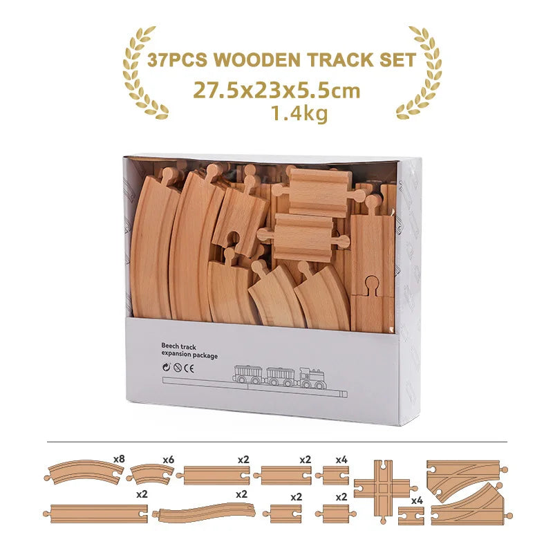 A box containing a 37-piece wooden track set for trains, showing various wooden pieces and an expansion pack layout.