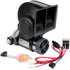 A black air horn kit featuring a dual-tone snail horn, relay, and wiring harness.