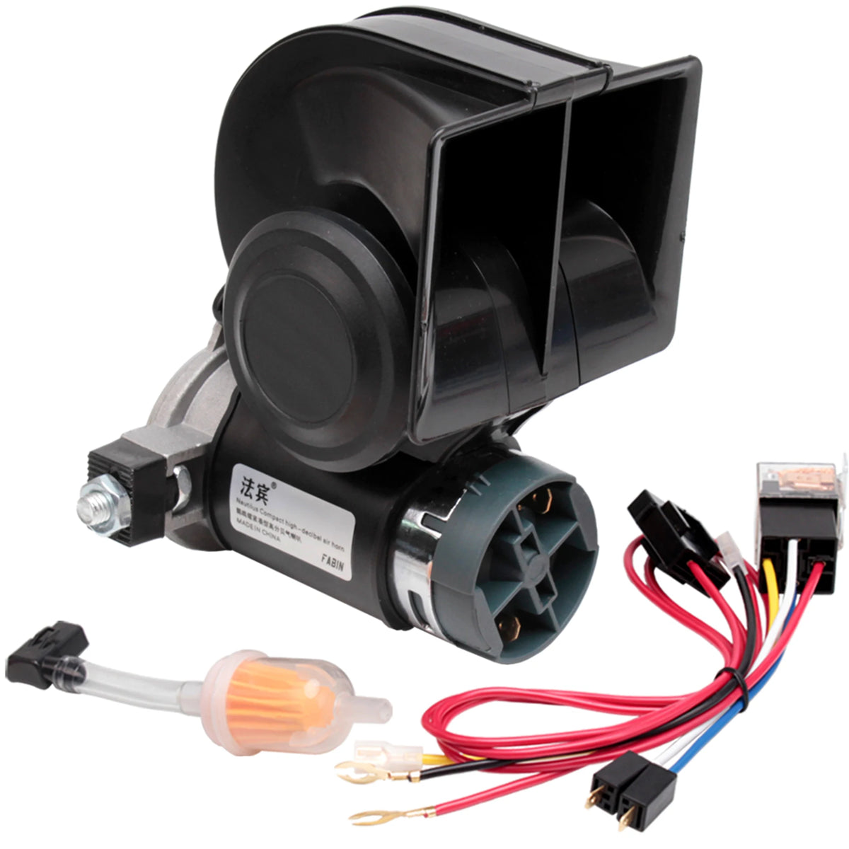 A black air horn kit featuring a dual-tone snail horn, relay, and wiring harness.