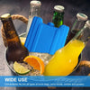 A blue reusable leak-proof ice pack filled with ice and orange slices, shown next to various bottles and food items.