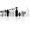 A collection of black succulent and bonsai gardening tools including pliers, tweezers, and a spray bottle.