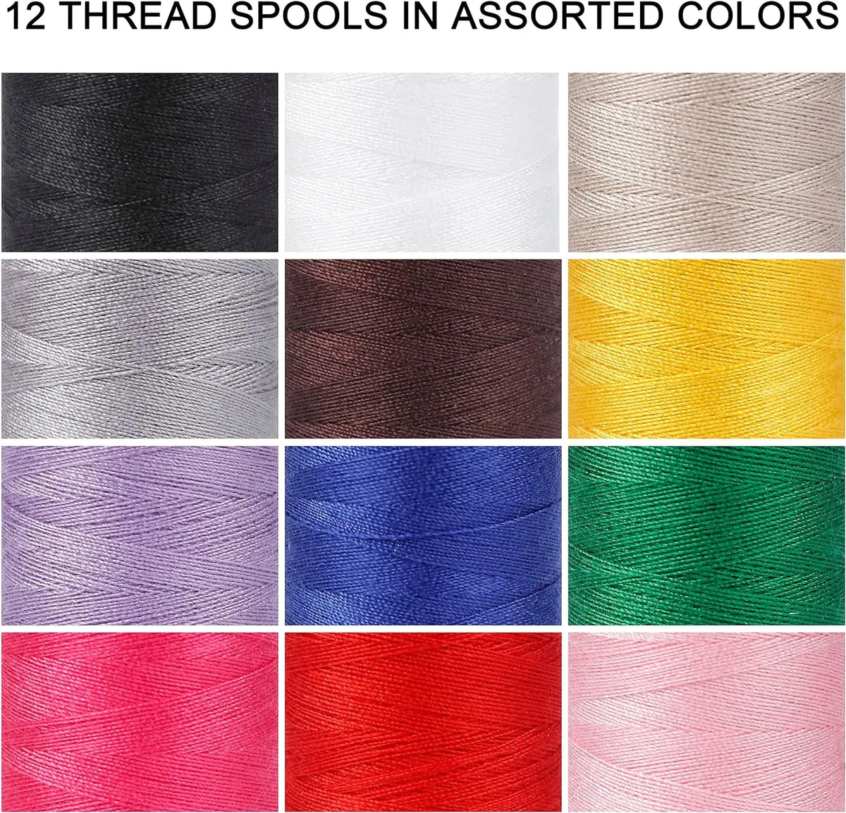 A collection of twelve assorted colored polyester sewing threads in prewound spools.