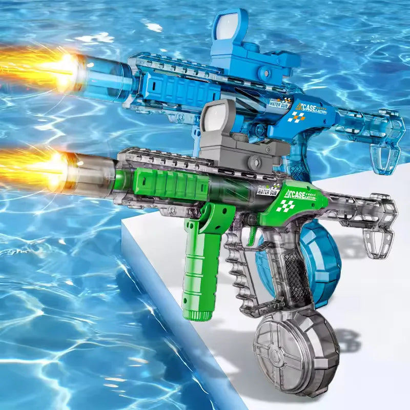 A blue electric water blaster toy with a realistic muzzle flame effect is shown in clear water.