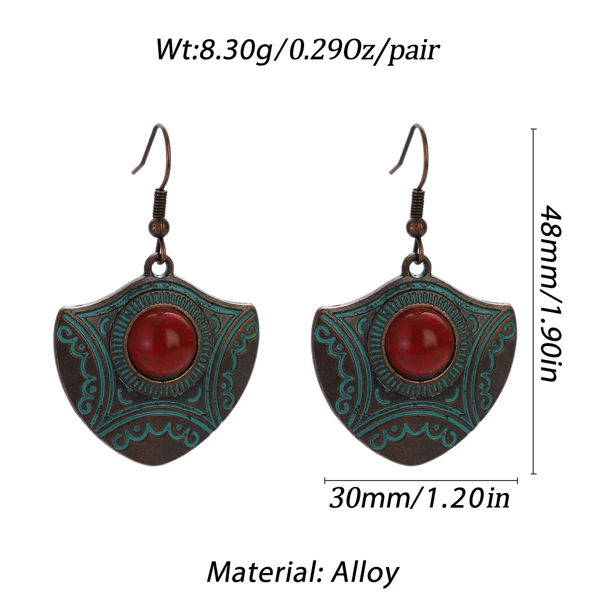 Boucles d'oreilles pendantes géométriques en alliage de bronze avec perle orange-rouge et détails turquoise