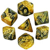 A collection of seven polyhedral dice in various colors and angles for role-playing games