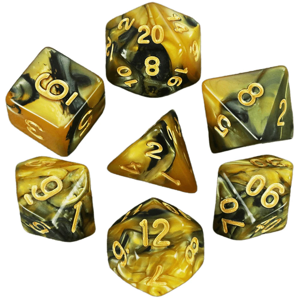 A collection of seven polyhedral dice in various colors and angles for role-playing games