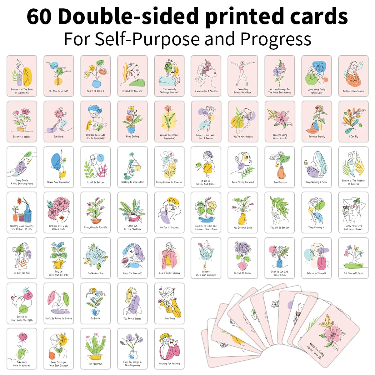 Set von 60 doppelseitigen gedruckten Karten für Selbstzweck und Fortschritt mit verschiedenen positiven Affirmationen.