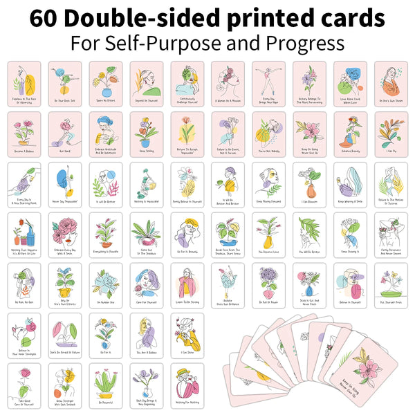 A set of 60 double-sided printed cards for self-purpose and progress featuring various inspirational affirmations.