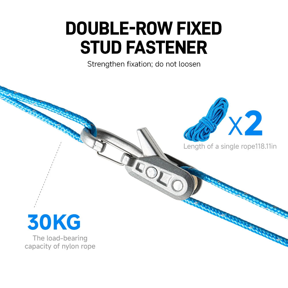 Double-row fixed stud fastener kit showing a metal clip and nylon rope with a 30KG load-bearing capacity
