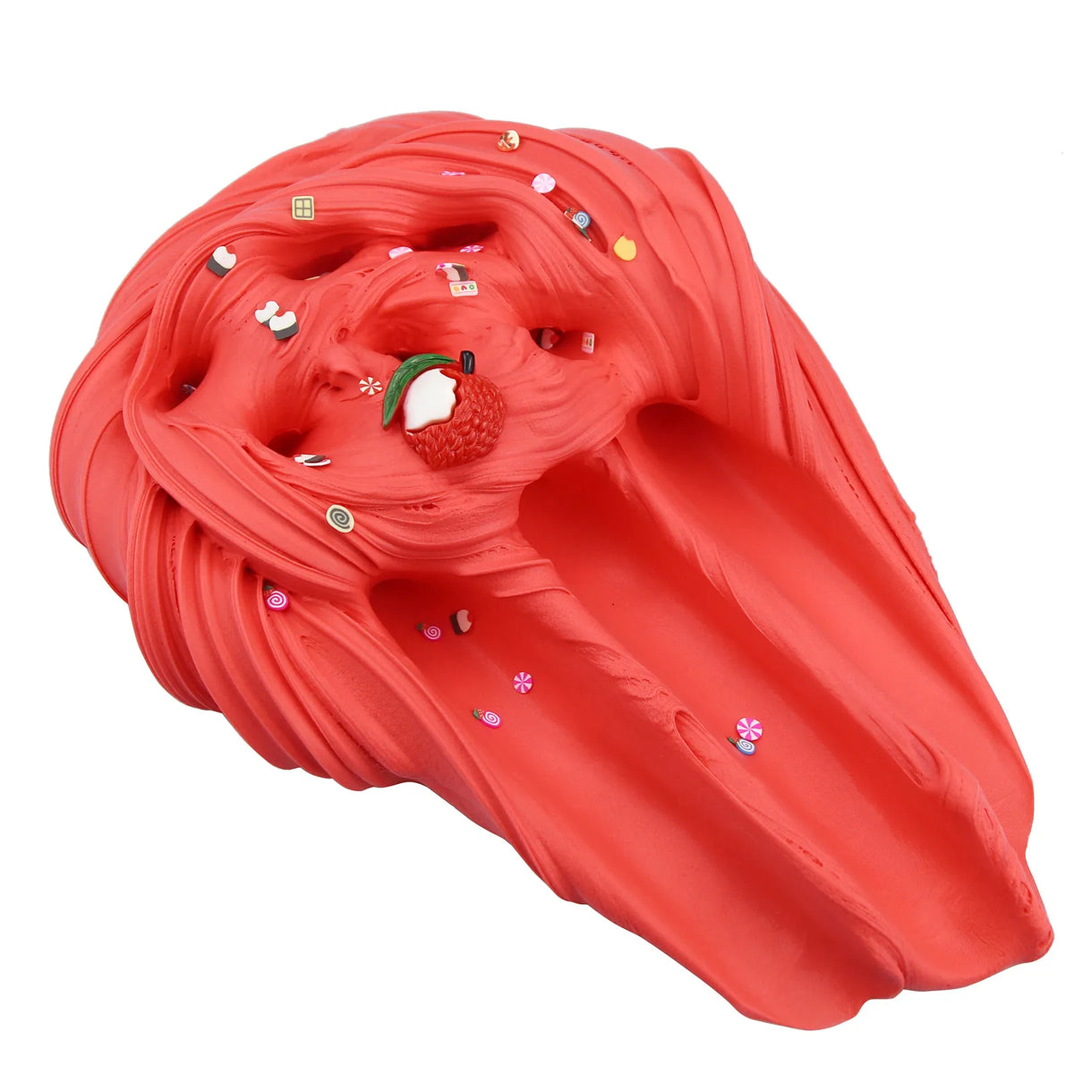 A bright red, textured slime kit filled with colorful fruit decorations for creative play.