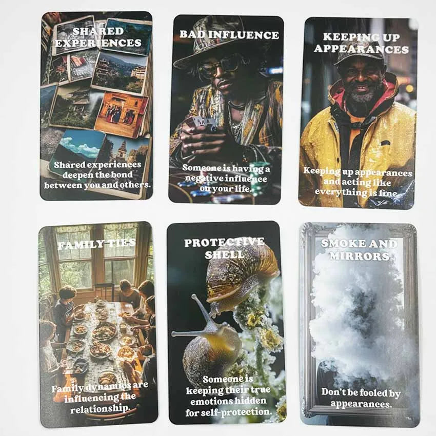 A collection of nine oracle cards featuring humorous and insightful truths about shared experiences, bad influence, keeping u