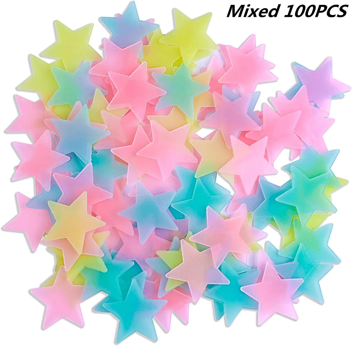 Mixed 100 pieces of glow-in-the-dark 3D star wall stickers in various pastel colors
