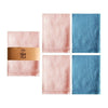 A set of four pink and blue waffle weave towels displayed side by side.