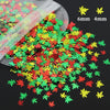 A pile of green, red, and yellow holographic star sequins for resin crafts, with size indicators 6mm and 4mm.