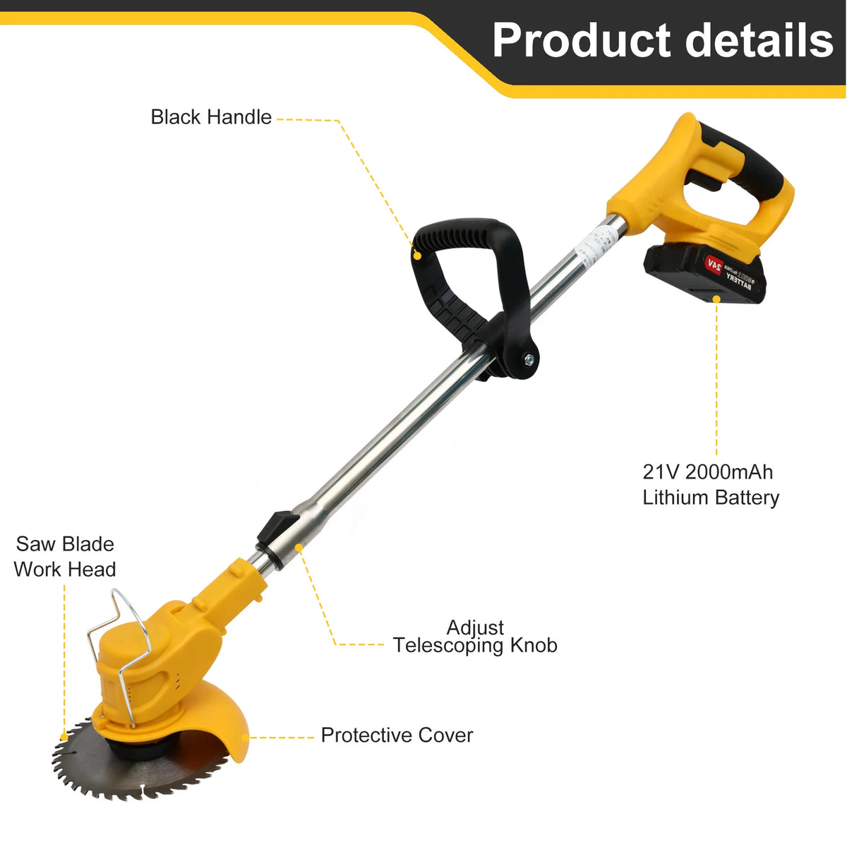 Yellow and black cordless grass trimmer and edger with a silver handle and protective cover
