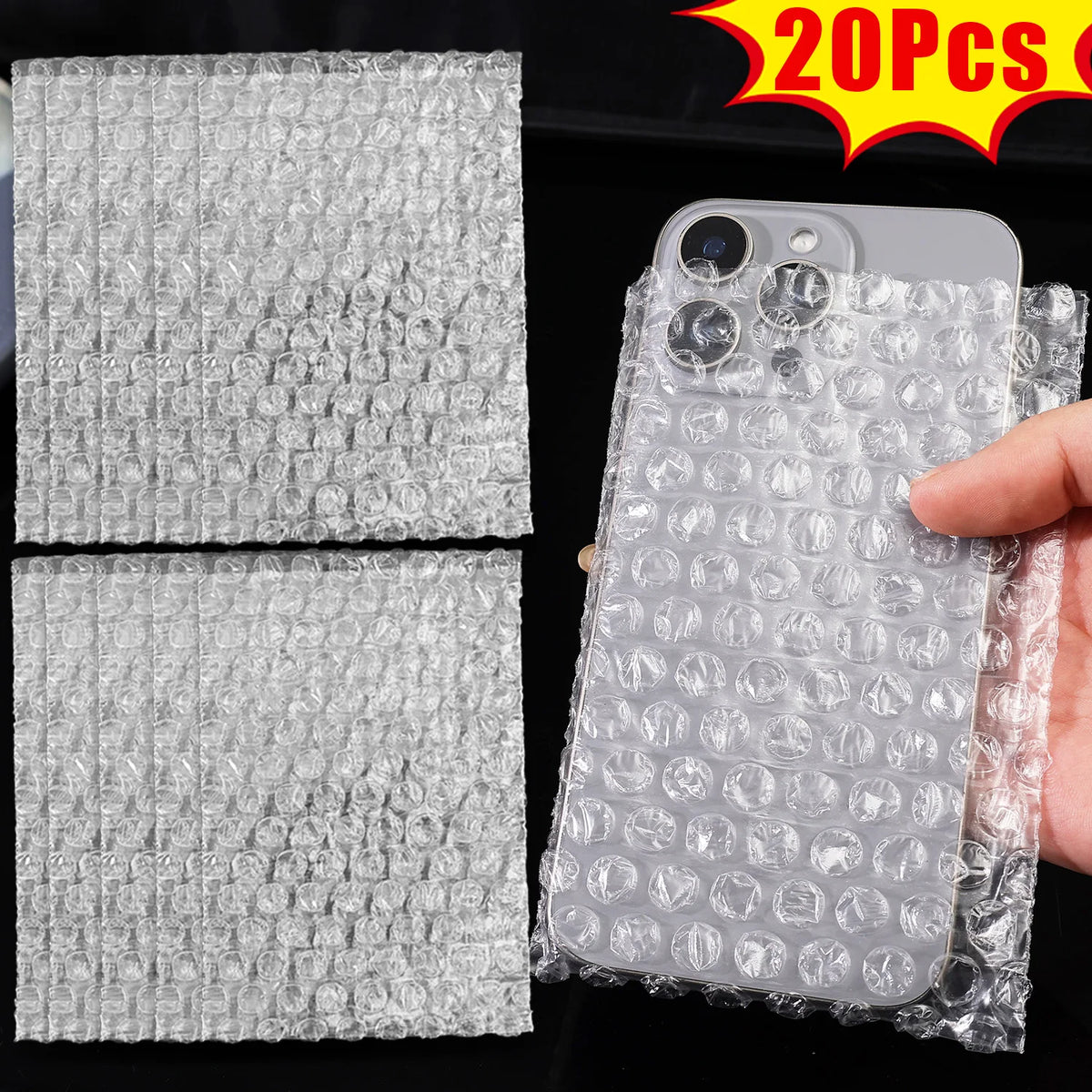 A hand holds a clear bubble mailer sheet with numerous small bubble envelopes for protection.