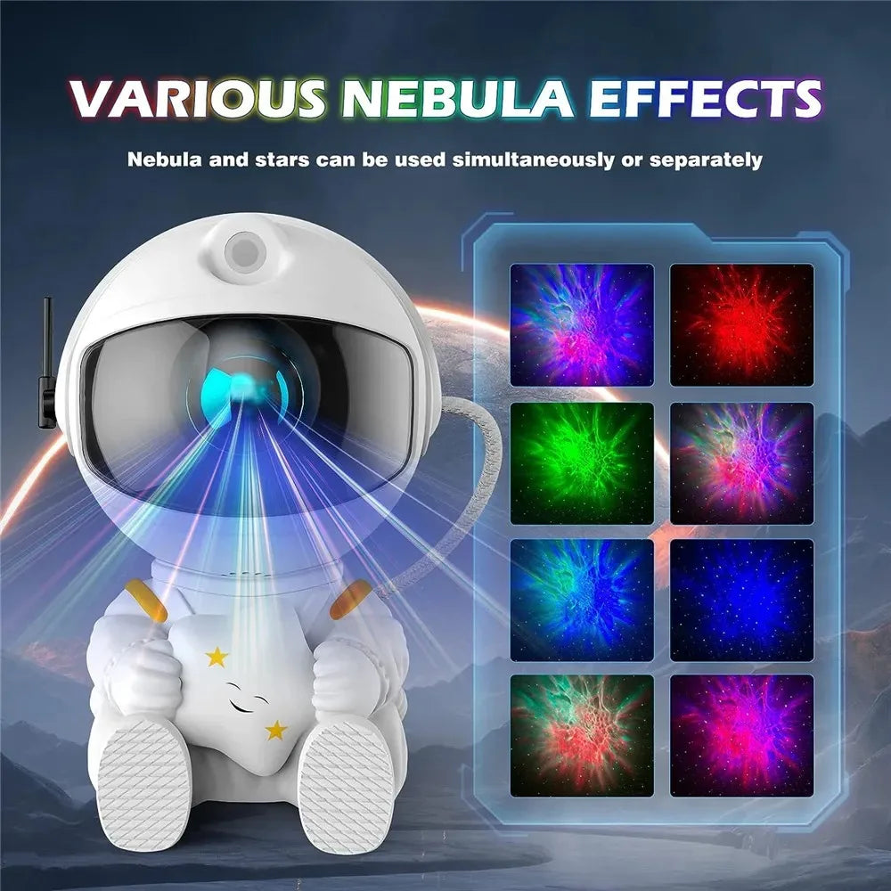 A white astronaut toy projector emitting various colorful nebula effects onto a dark background.