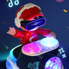 A red and white robot toy resembling a helmet is sitting on a black base with glowing lights, suggesting an interactive DJ bo