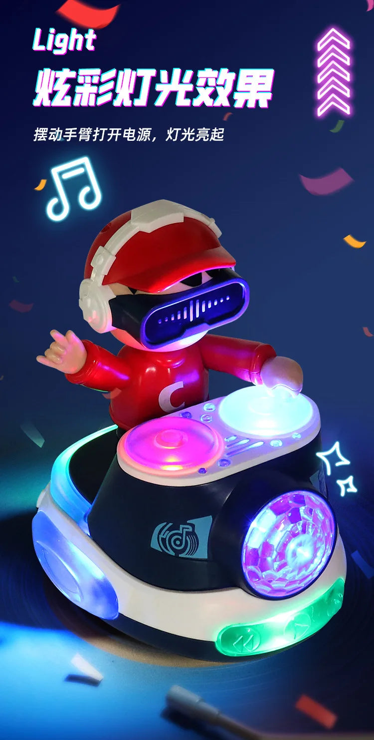 A red and white robot toy resembling a helmet is sitting on a black base with glowing lights, suggesting an interactive DJ bo