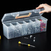 A clear multi-compartment tool organizer storage box with various metal tools and hardware inside.