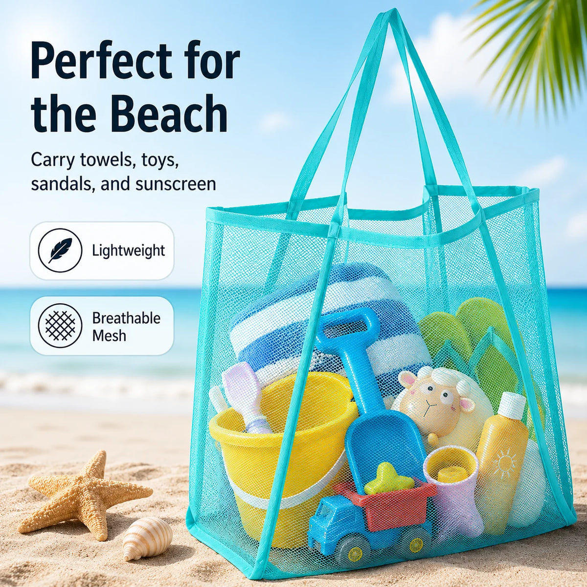 A turquoise breathable mesh tote bag filled with beach items like towels, toys, sandals, and sunscreen on a sandy beach.