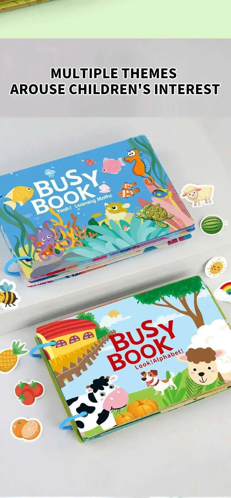 A colorful busy book featuring various animals, vehicles, and dinosaurs for children's learning.