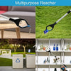 A multipurpose reacher tool is shown being used to pick up an item in a grassy outdoor setting.