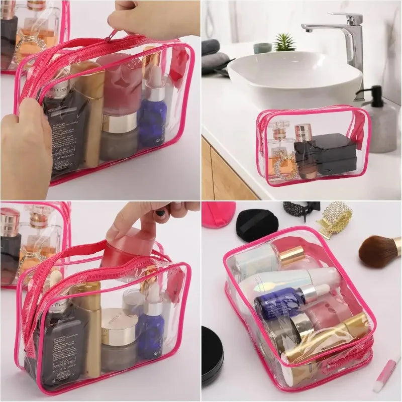 A clear PVC travel organizer bag with a zipper holding various makeup and toiletry products.