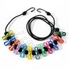 A travel clothesline with 12 colored clips for indoor and outdoor drying, featuring black cords.